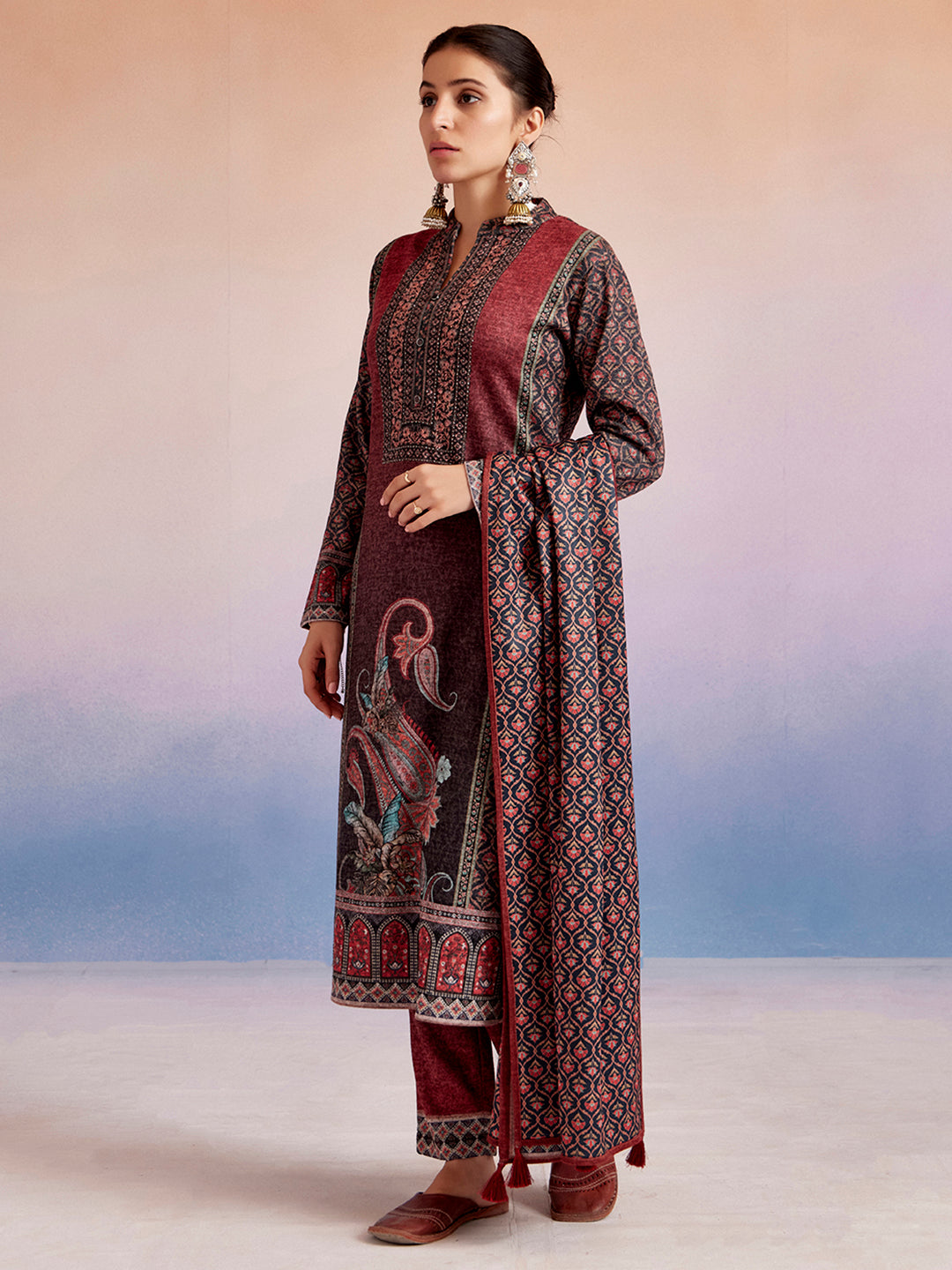 Rust Woolen Floral Printed Kurta Set With Dupatta