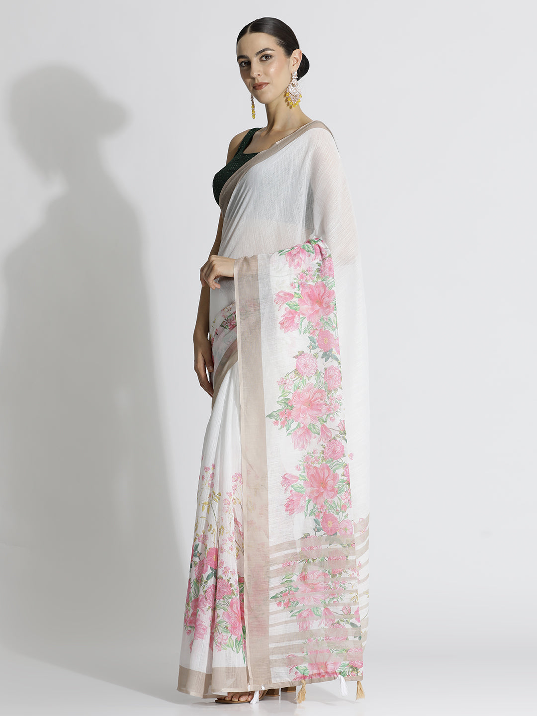 Floral Printed Daily Wear Pure Linen White Saree