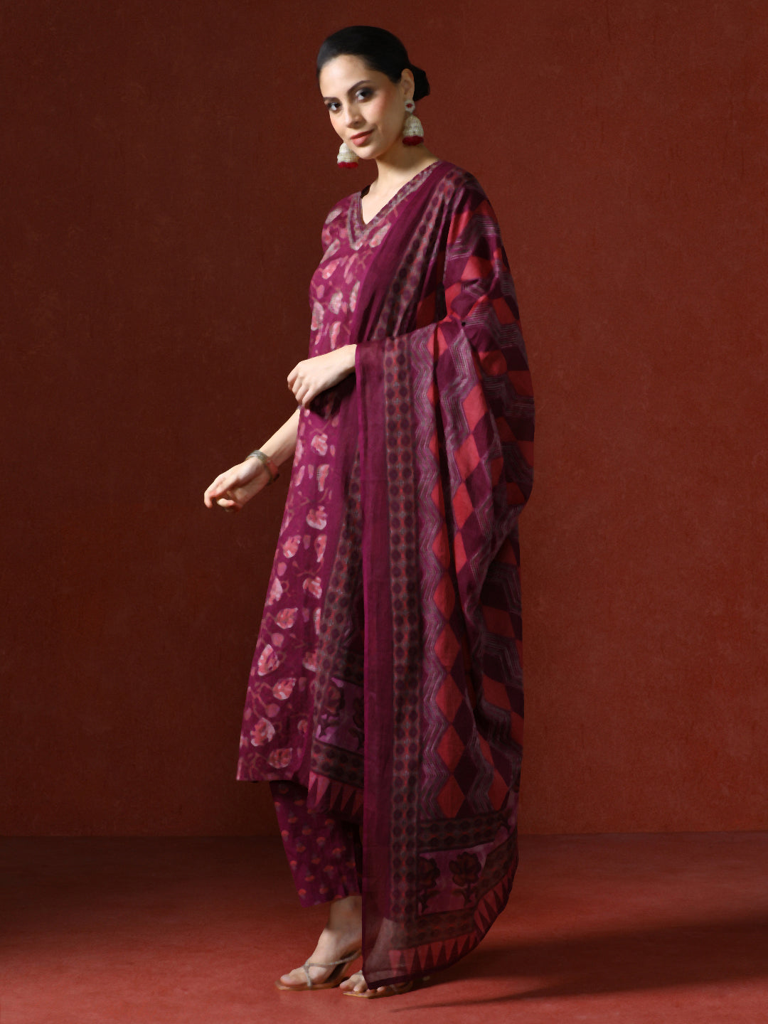 Ethnic Printed Cotton Red Kurta Set With Dupatta