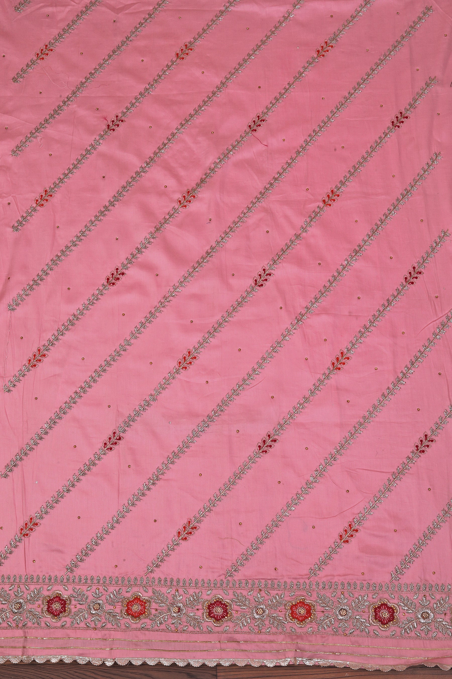 Pink Unstitched Floral Printed Beads and Stones Dress Material With Dupatta