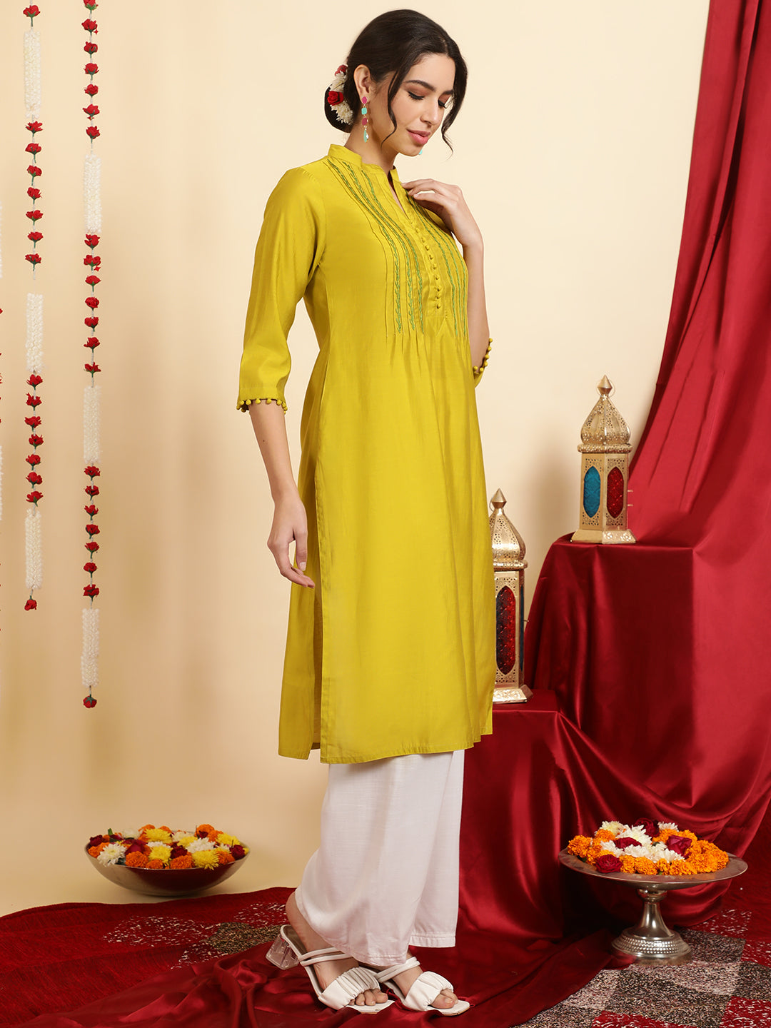 Embroidered Mustard Pintuck Straight Kurta