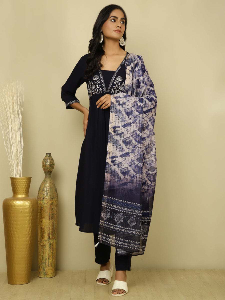 Navy Blue Printed Cotton Suit Set