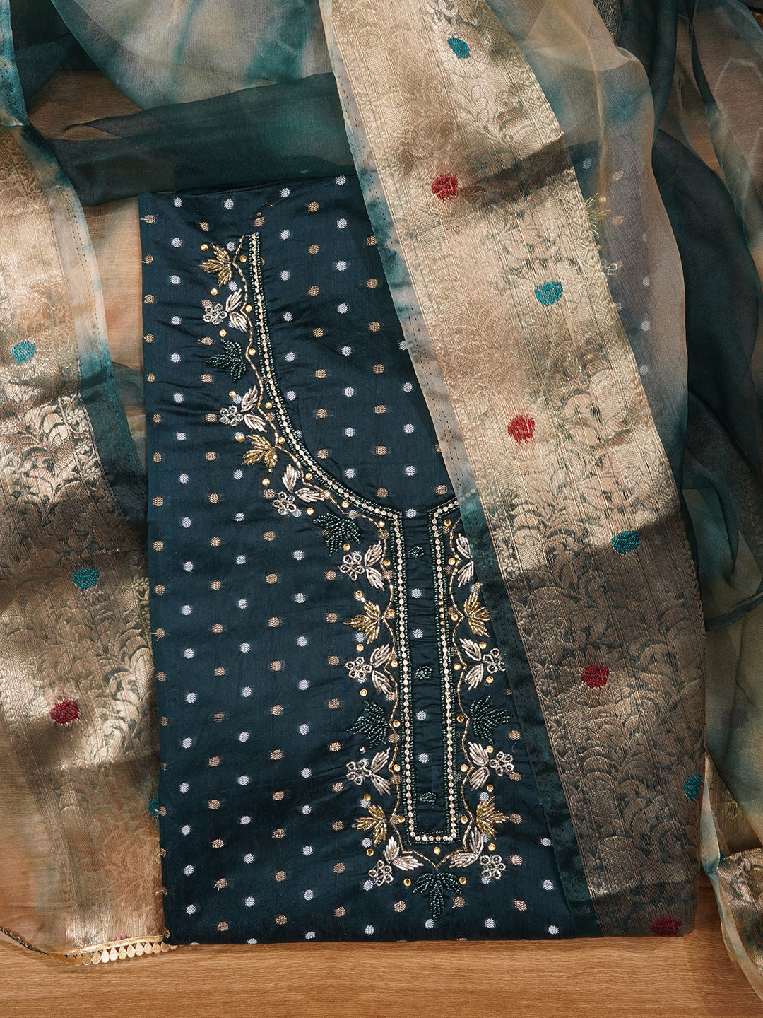 Unstitched Green Silk Blend Embellished Dress Material With Dupatta