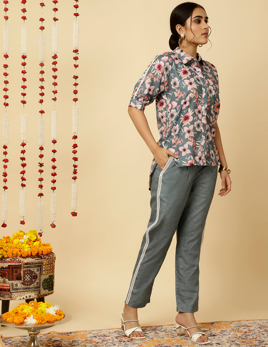 Grey Floral Print Shirt With Pants Co-ord Sets