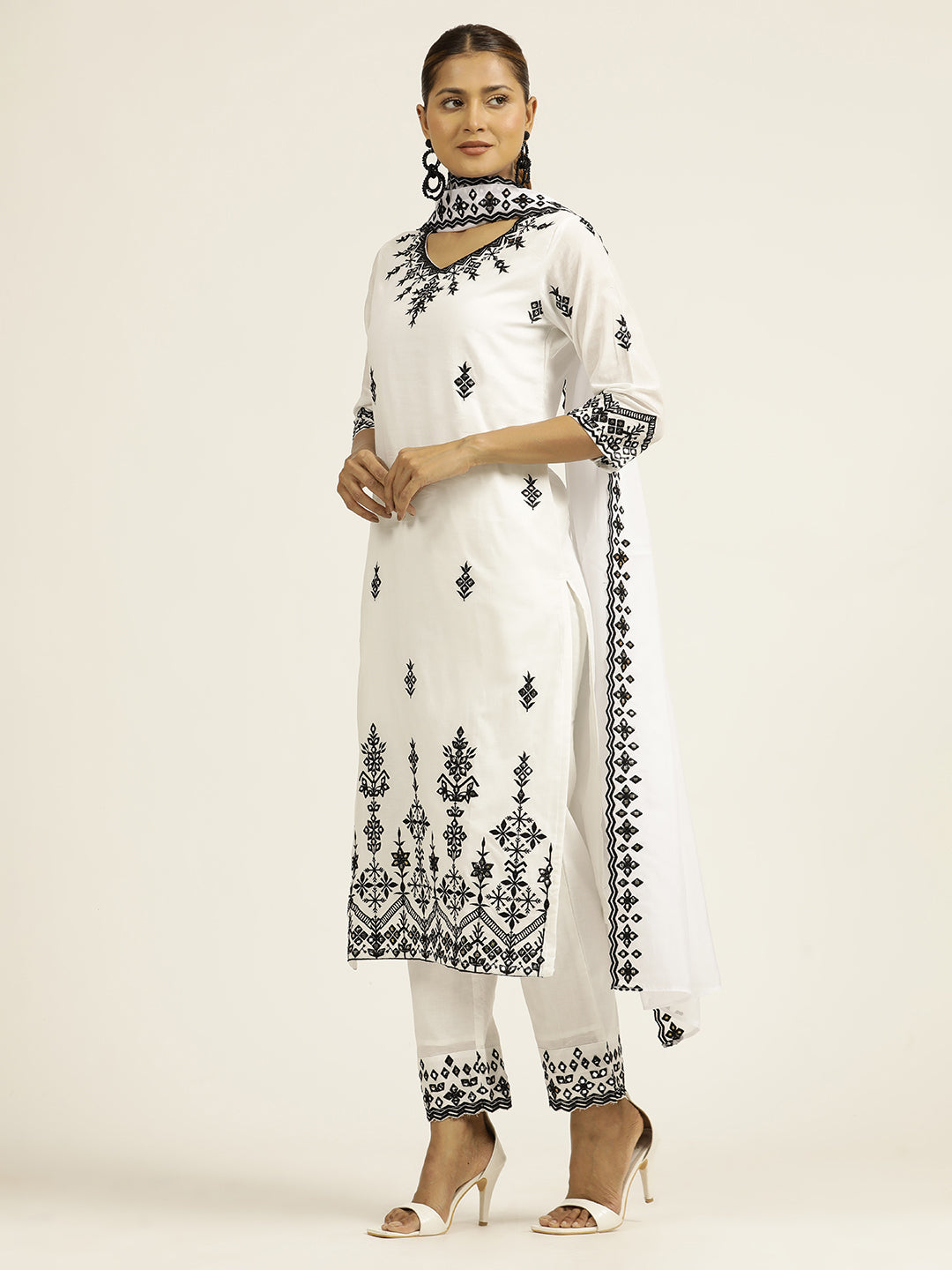 Resham Embroidered White Cotton Suit Set
