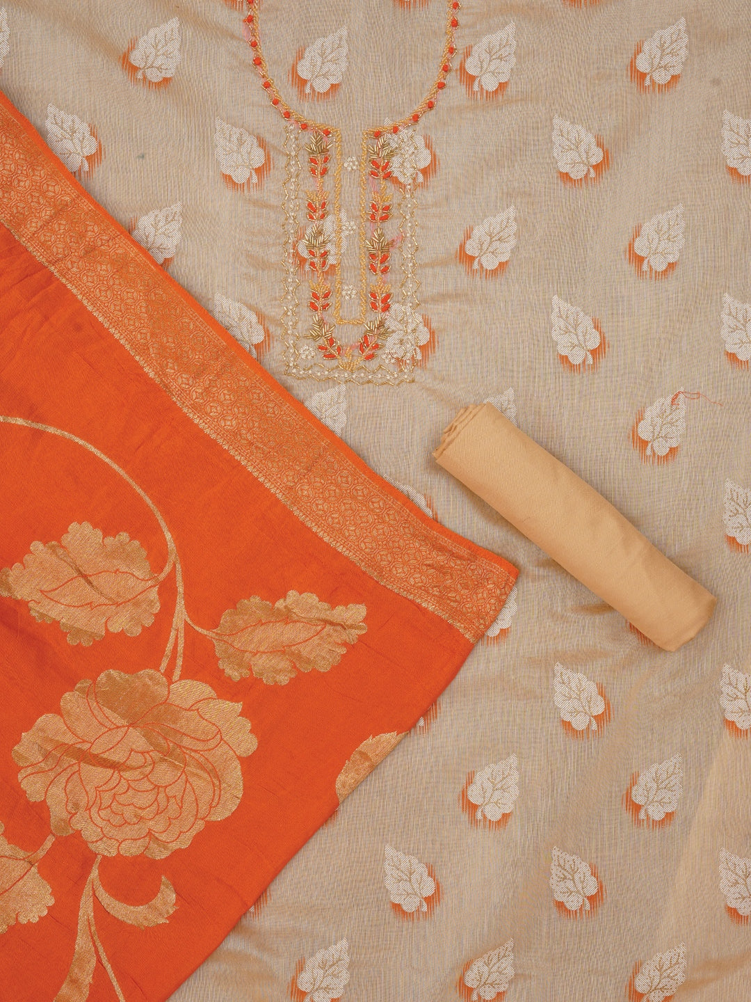 Unstitched Embellished Beige Cotton Blend Dress Material with Dupatta