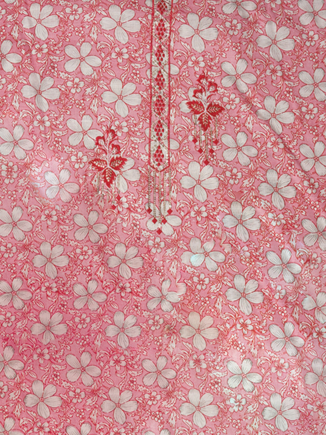 Pink Embellished Floral Printed Pure Cotton Dress Material with Dupatta