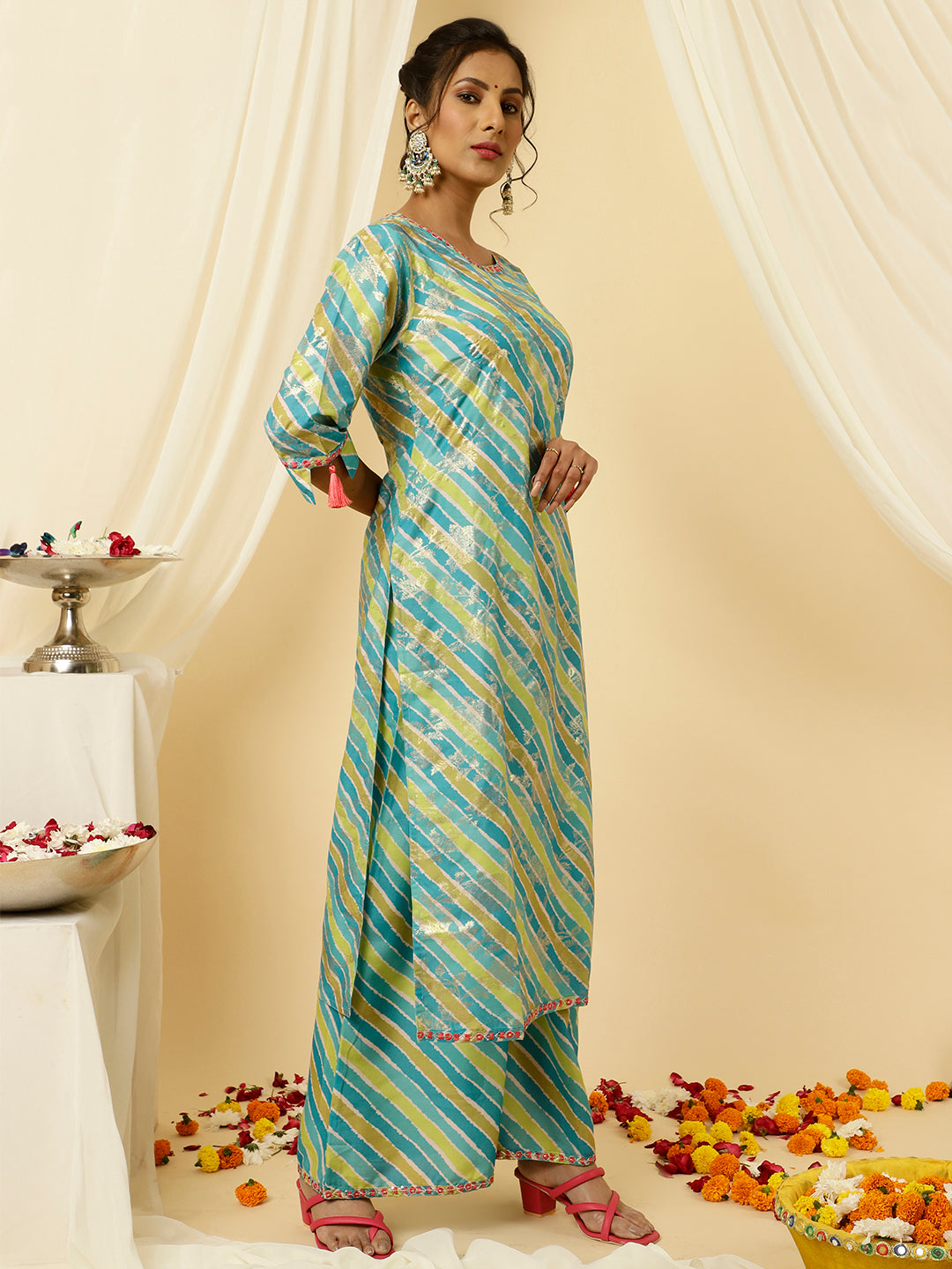 Turquoise Blue Leheriya Straight Kurta With Palazzo And Dupatta