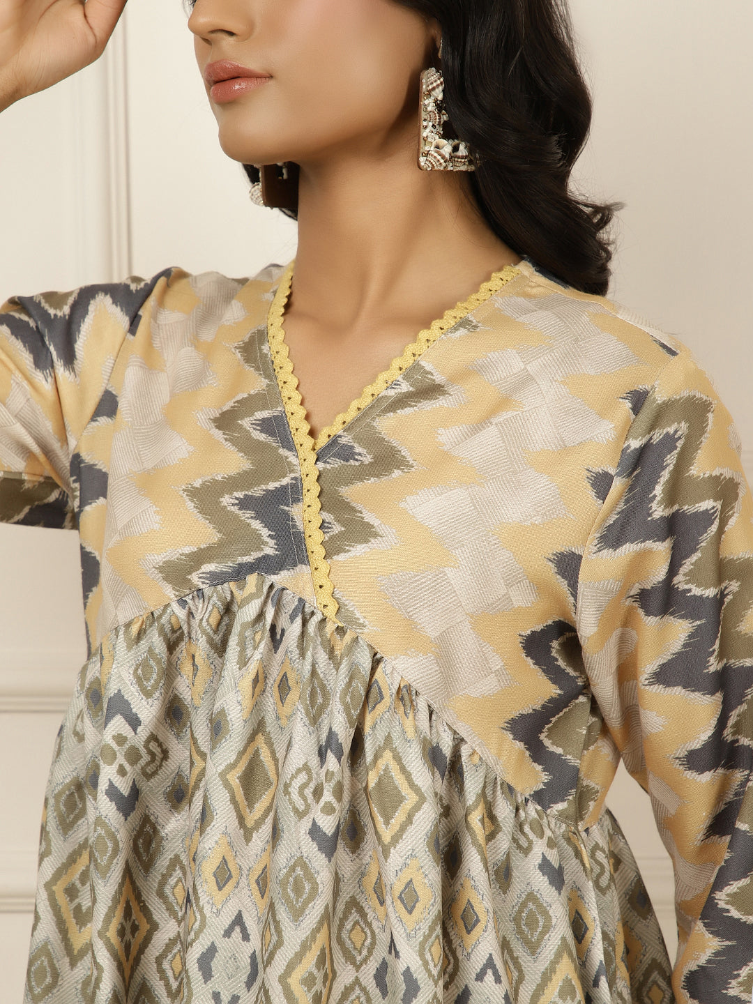 Mustard Geometric Printed Gathered Dress