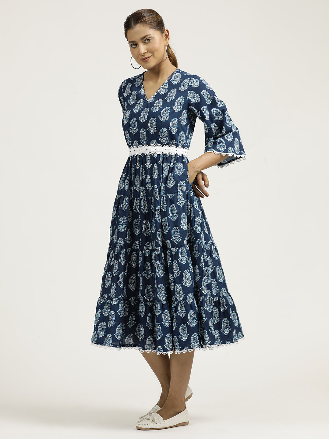 Paisley Indigo Blue Tier Cotton Dress With Belt