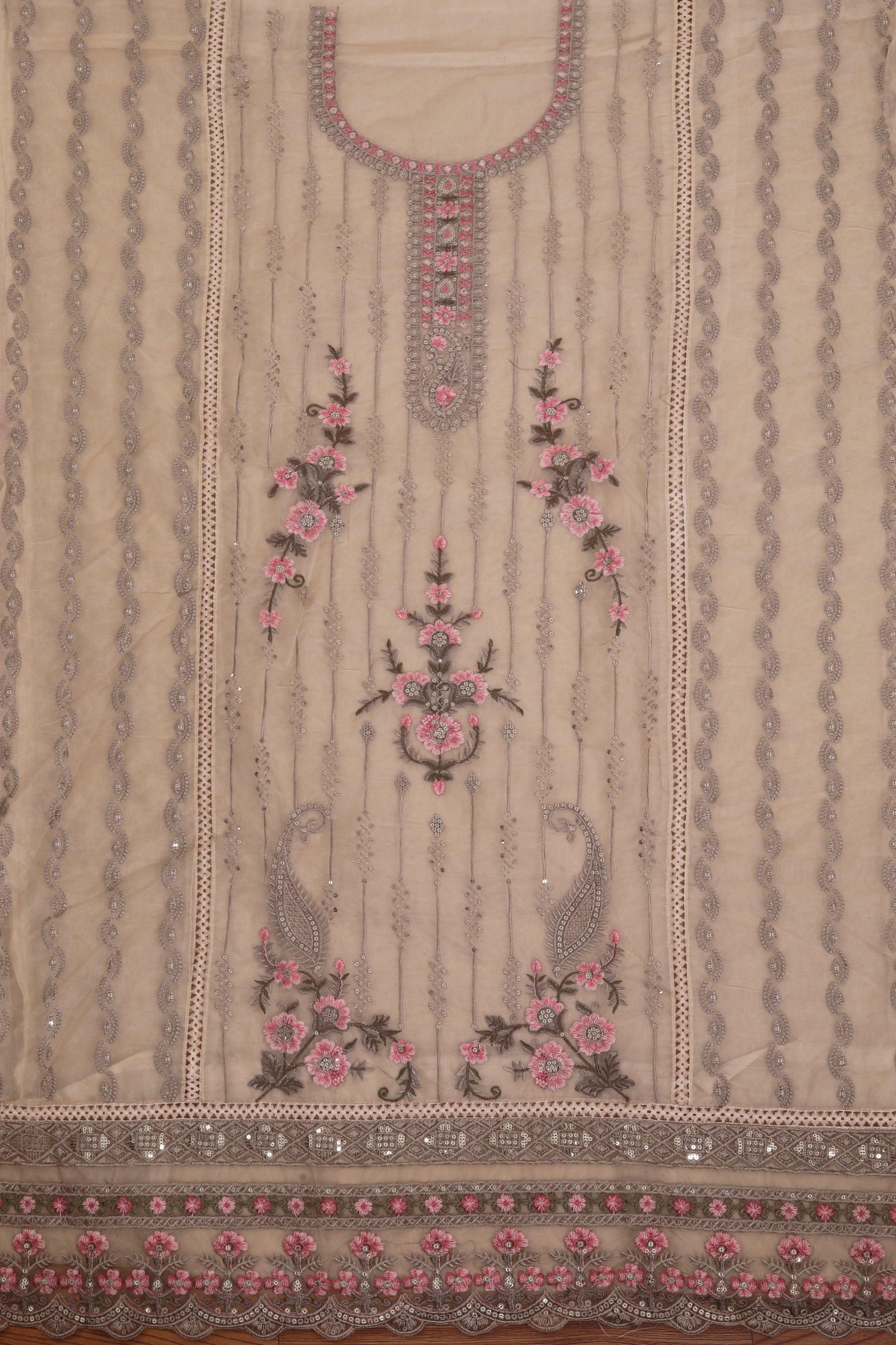 Cream Embroidered Organza Dress Material With Dupatta