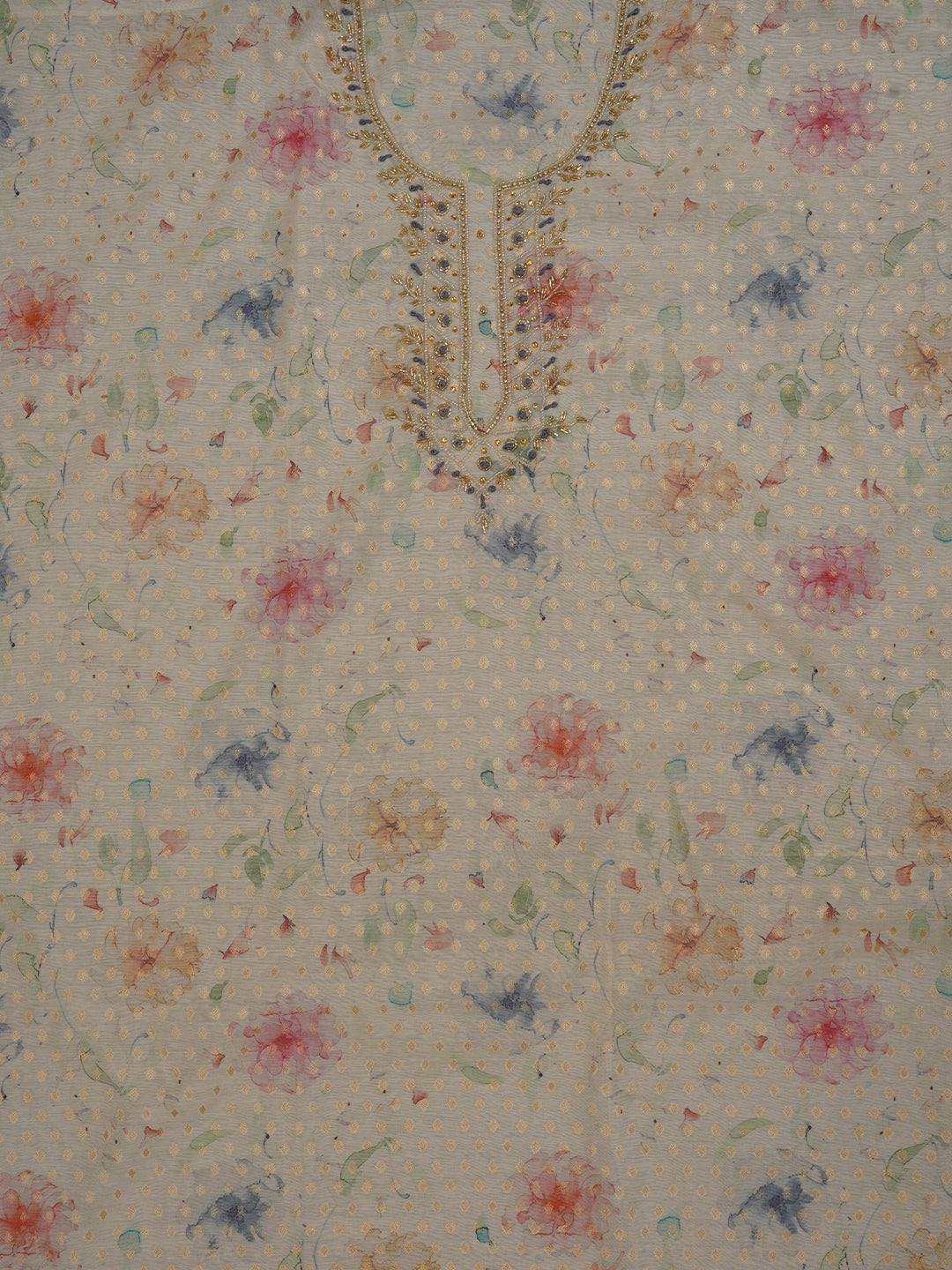 Off White Floral Printed Silk Zari Woven Dress Material with Dupatta