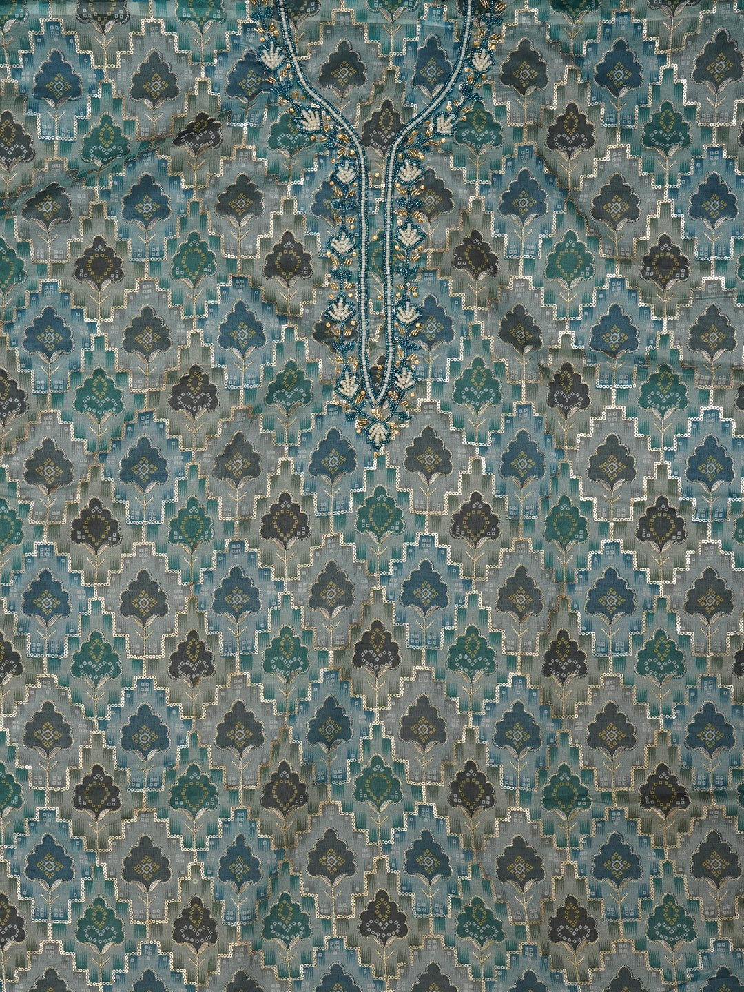 Teal Ethnic Sequin Embroidered Organza Dress Material with Dupatta