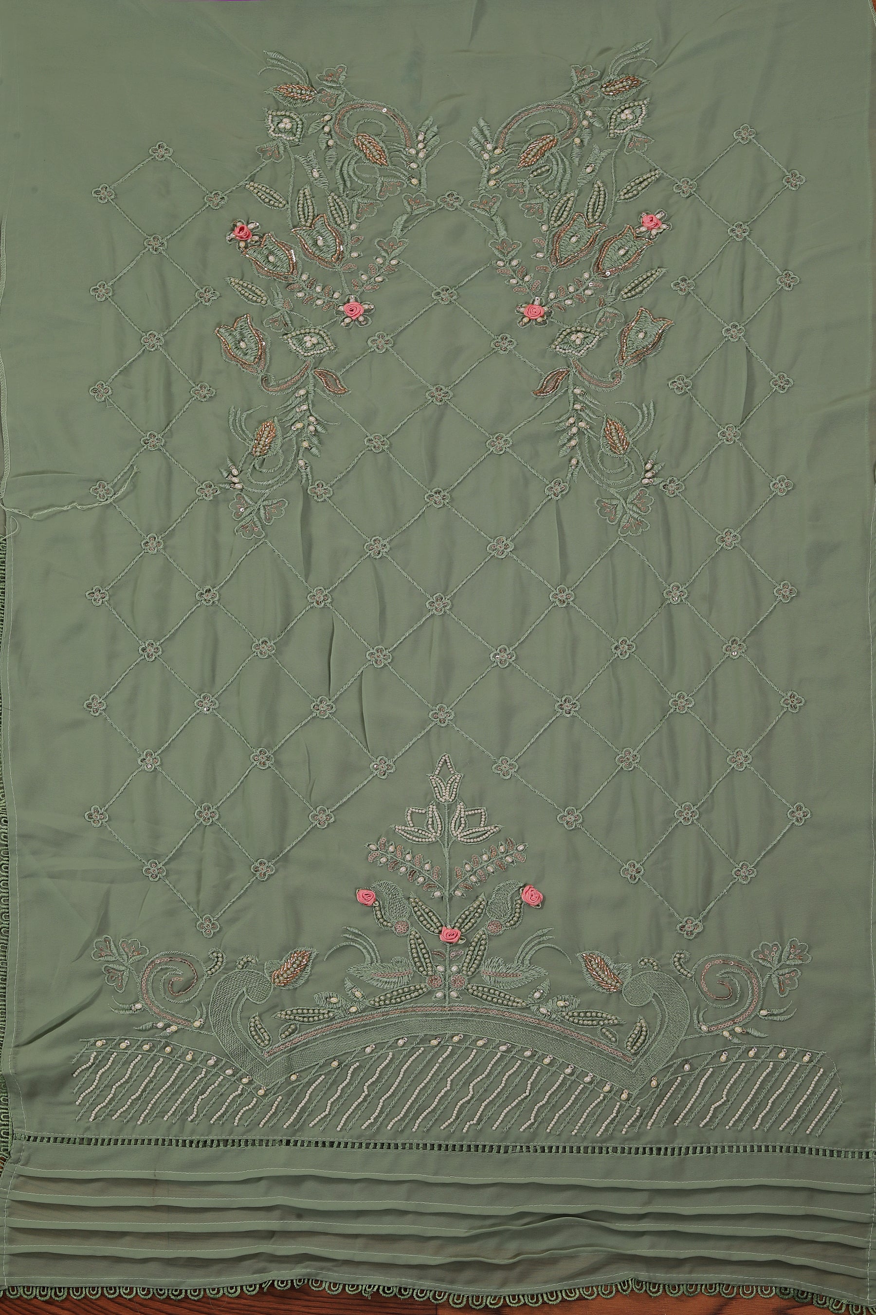 Sea Green Embroidered Poly Georgette Dress Material with Dupatta