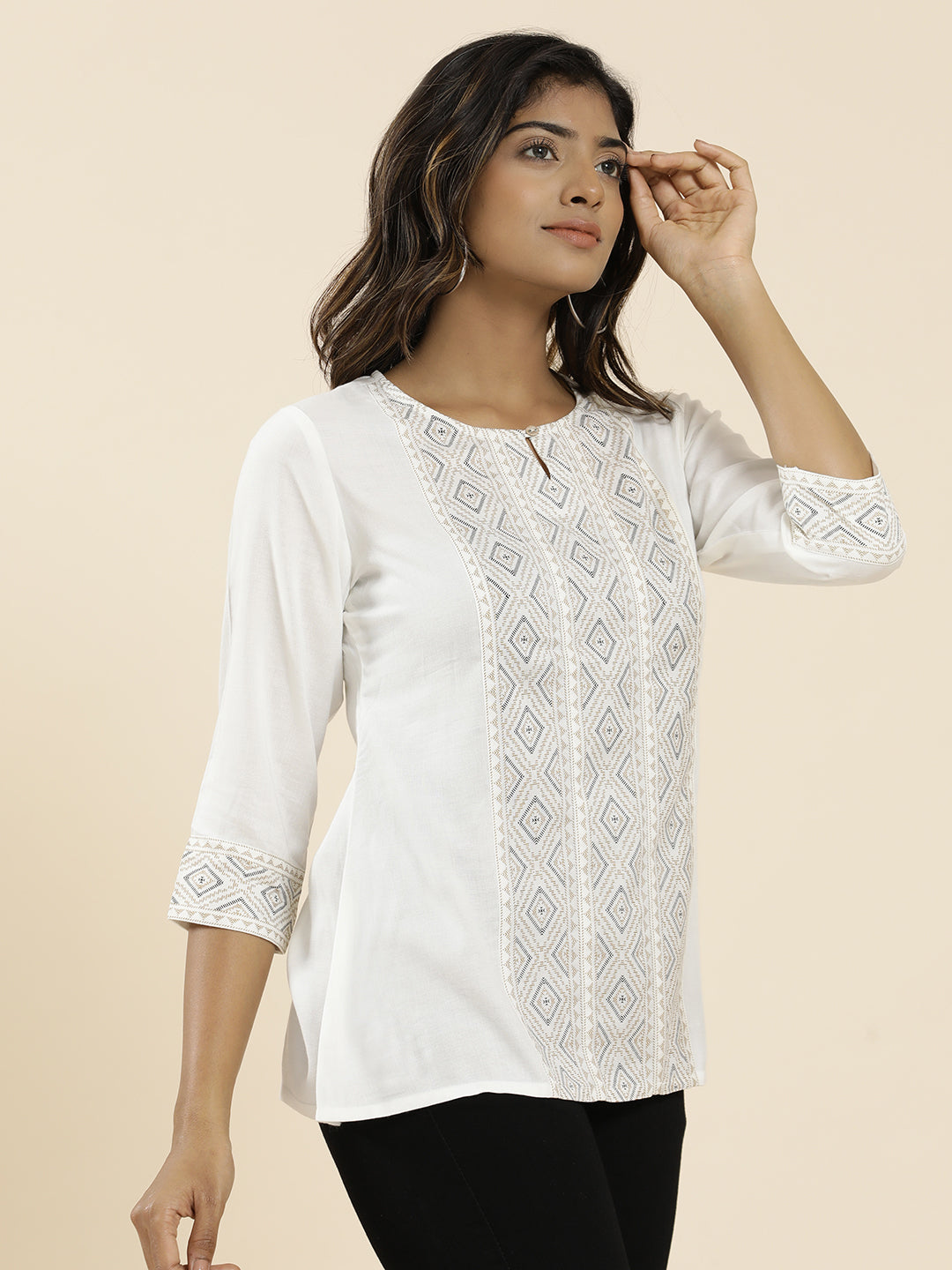 White Geometric Printed Straight Top