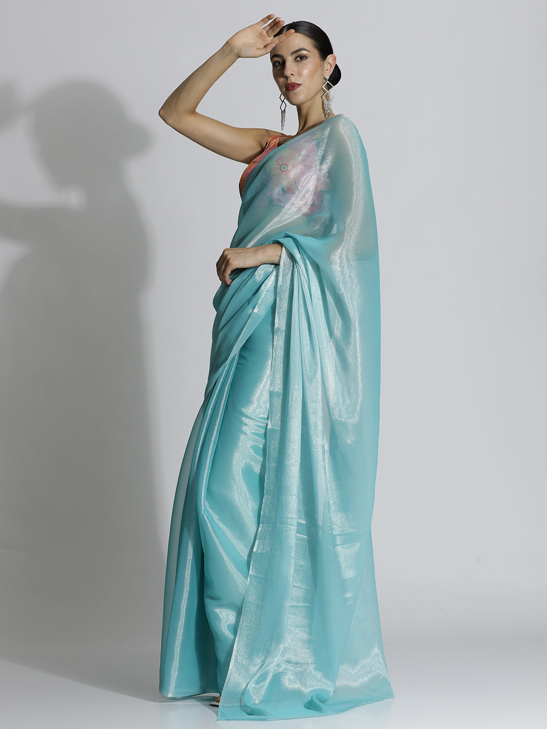 Sky Blue Festive Tissue Solid Saree