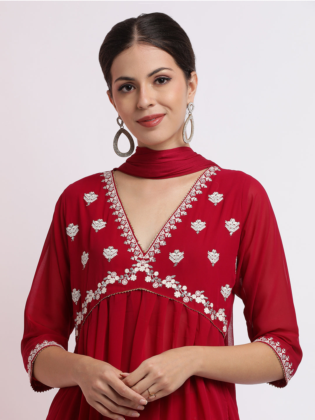 Pink Embroidered Georgette Kurta Set With Dupatta