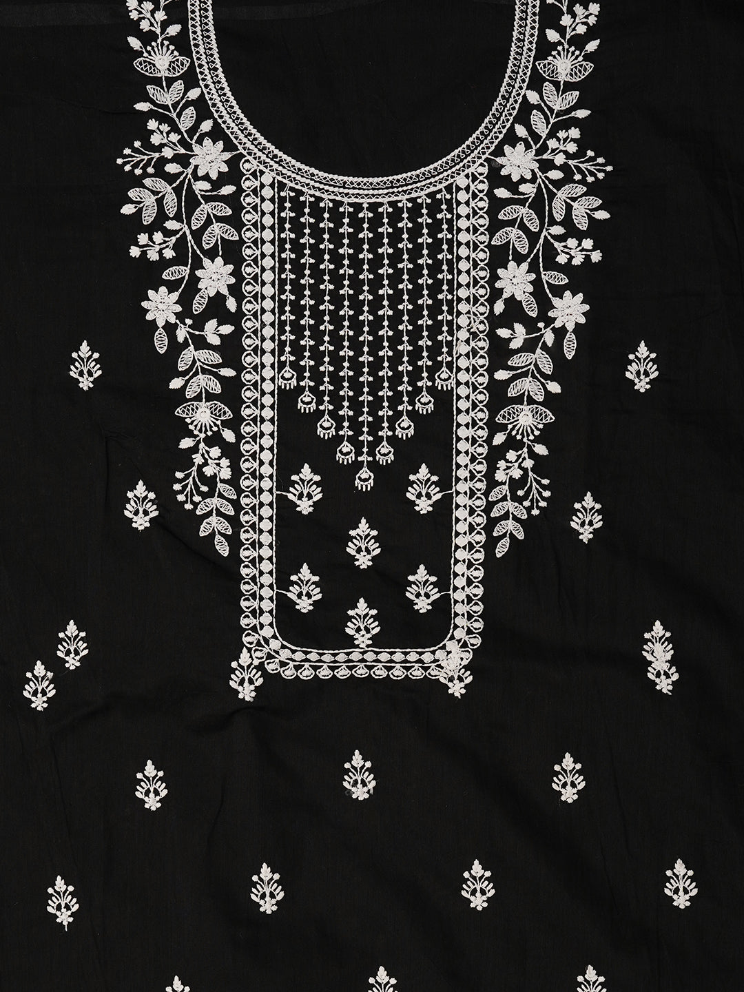 Unstitched Embroidered Cotton Blend Black Dress Material With Dupatta