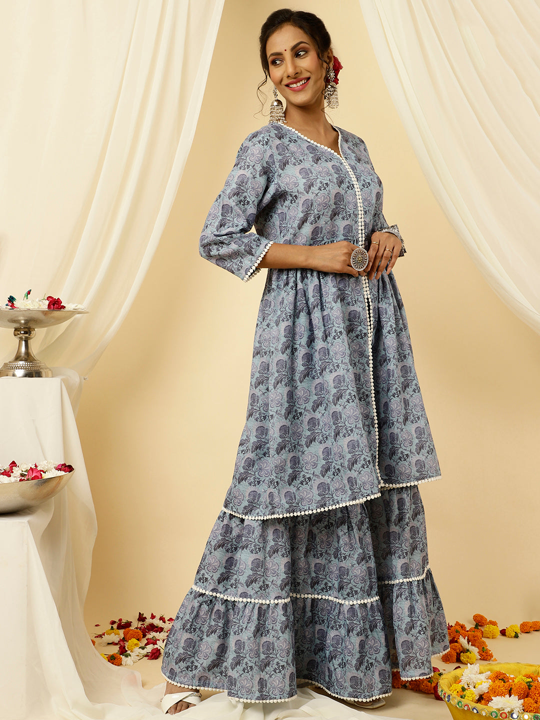 Blue Floral Print Flared Kurta With Sharara