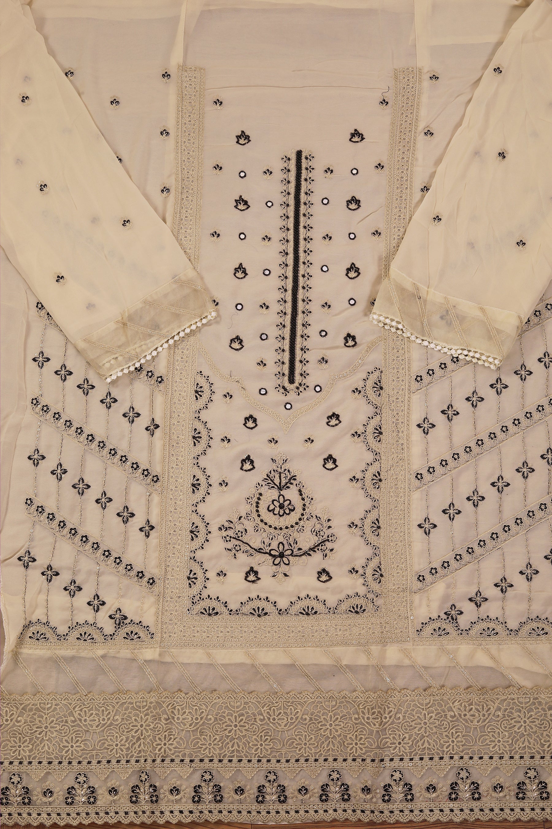 Cream Embroidered Poly Georgette Dress Material with Dupatta
