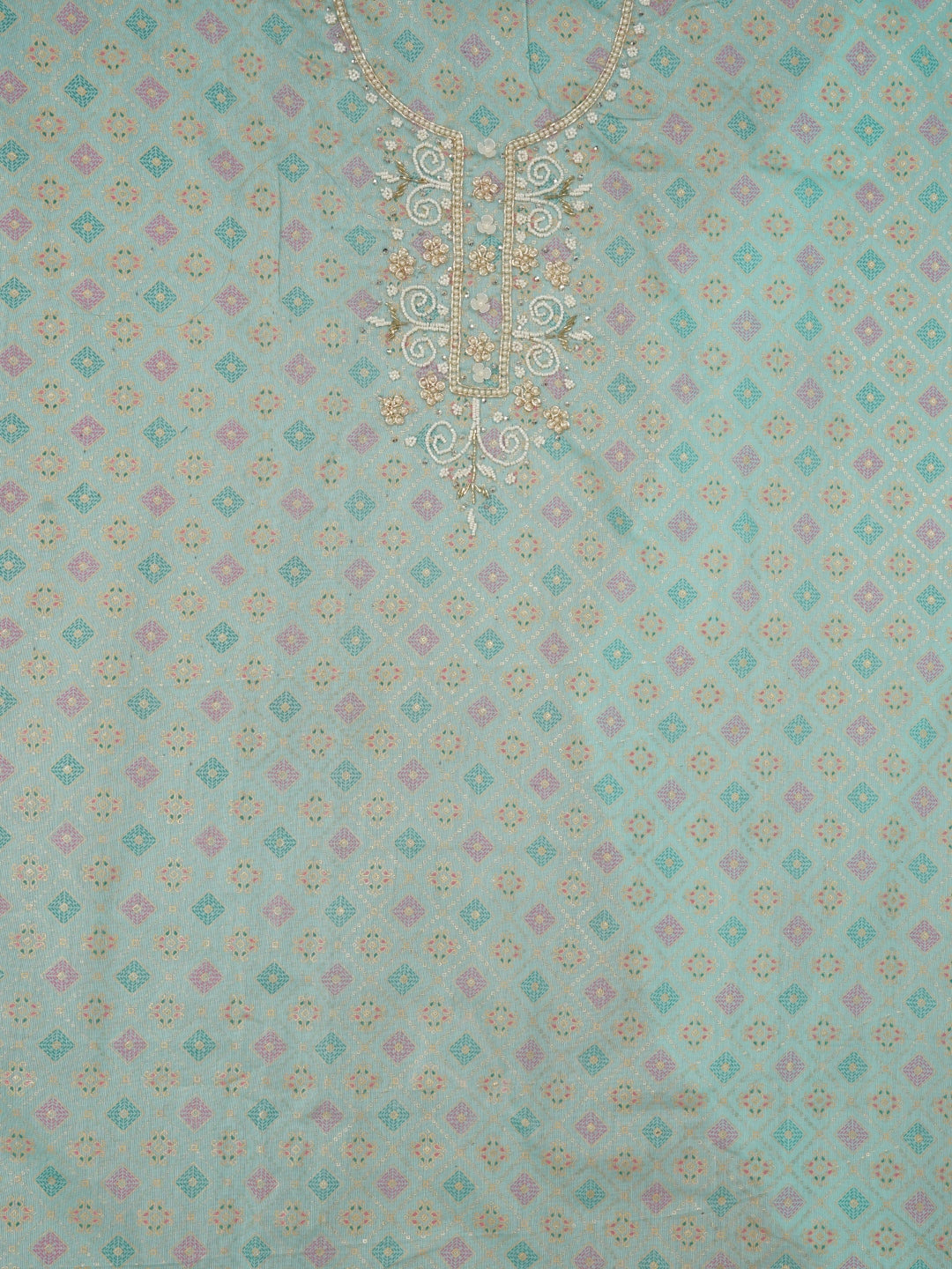 Sea Green Unstitched Embellished Cotton Blend Dress Material with Dupatta