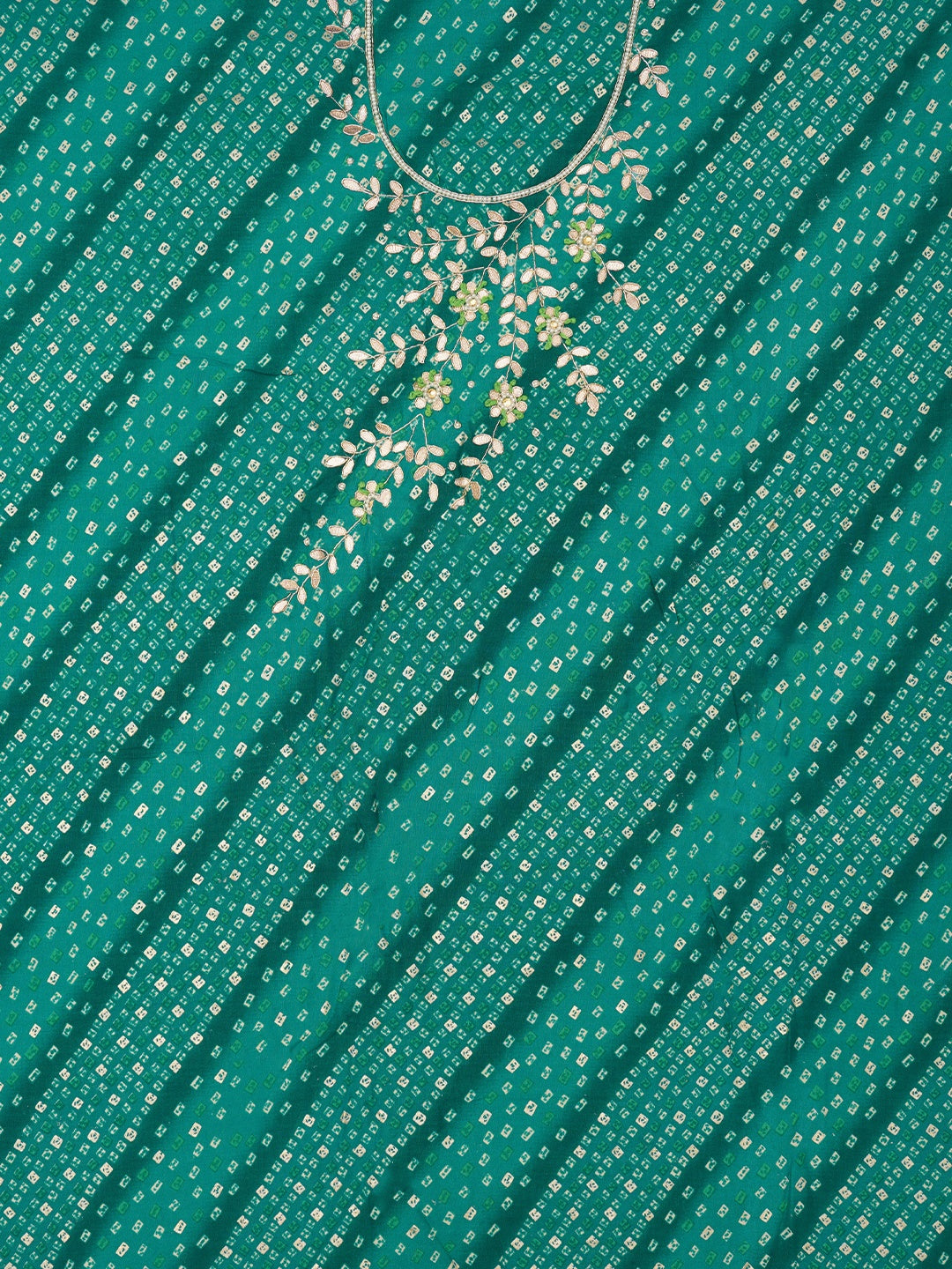 Green Unstitched Cotton Bandhani Printed Dress Material With Dupatta