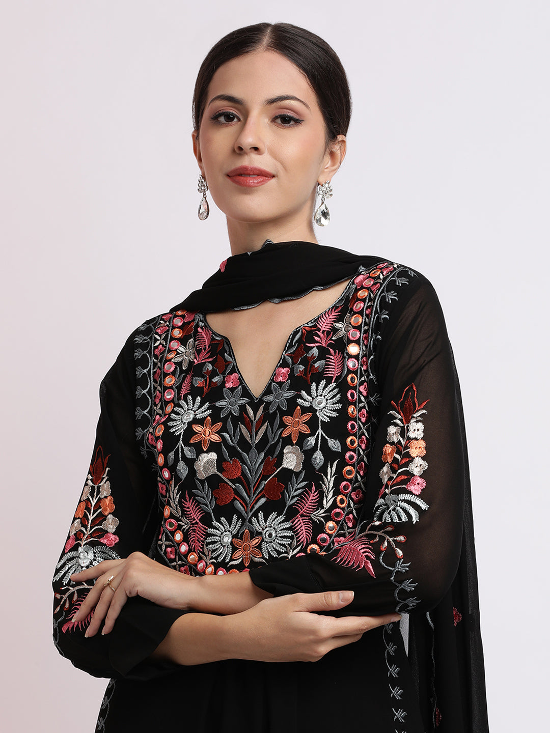 Black Thread Embroidered Georgette Kurta Set With Dupatta
