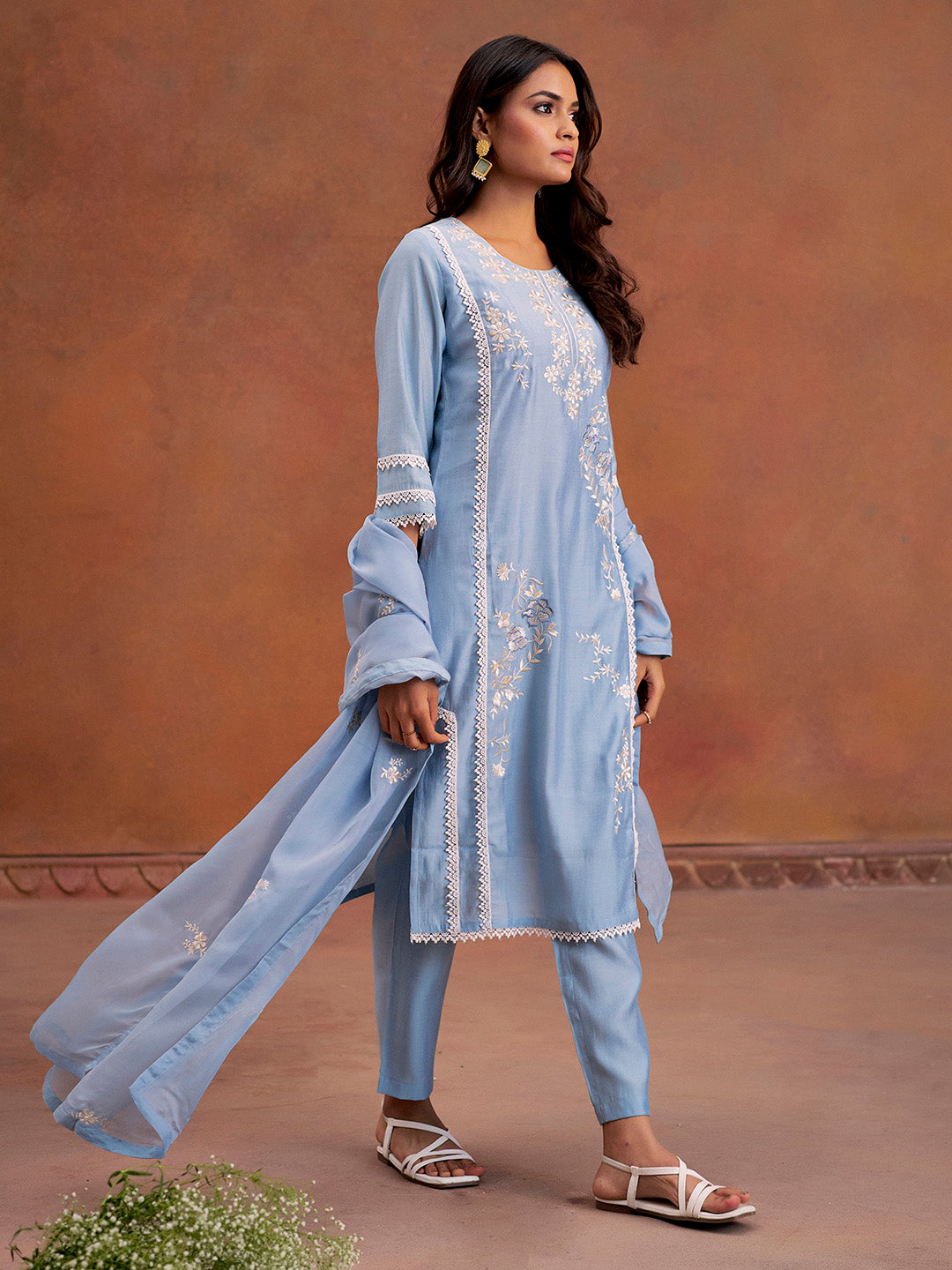Blue Festive Embroidered Kurta Set With Dupatta