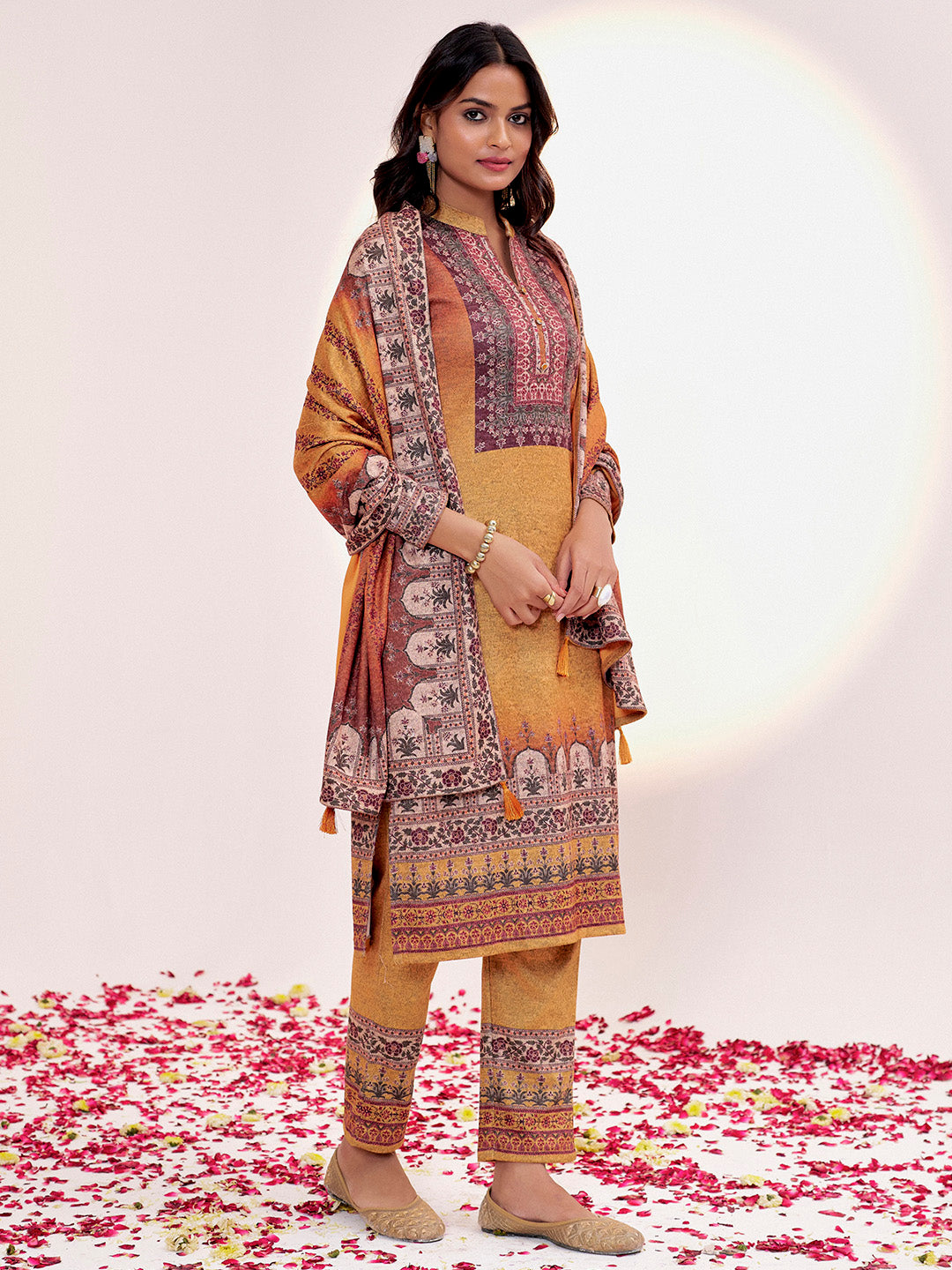 Embellished Ethnic Printed Festive Mustard Kurta Set With Dupatta