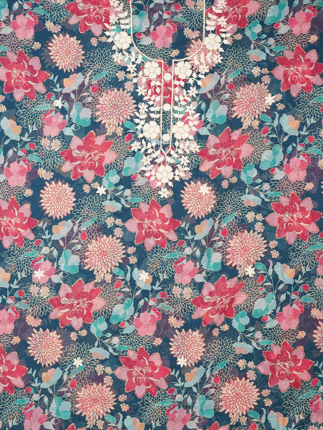 Teal Blue Lucknowi Embroidered Organza Dress Material with Dupatta