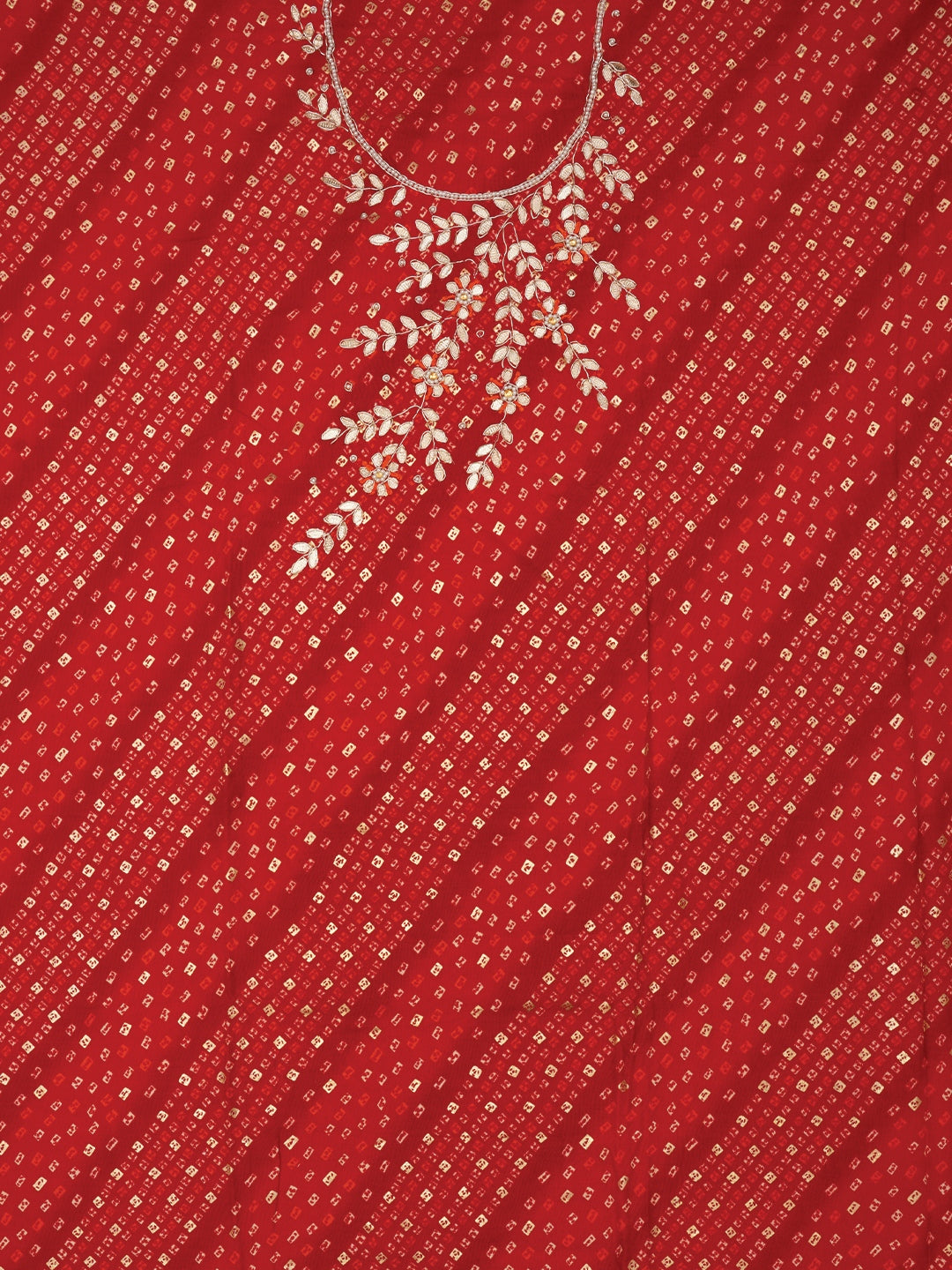 Red Unstitched Cotton Bandhani Printed Dress Material With Dupatta