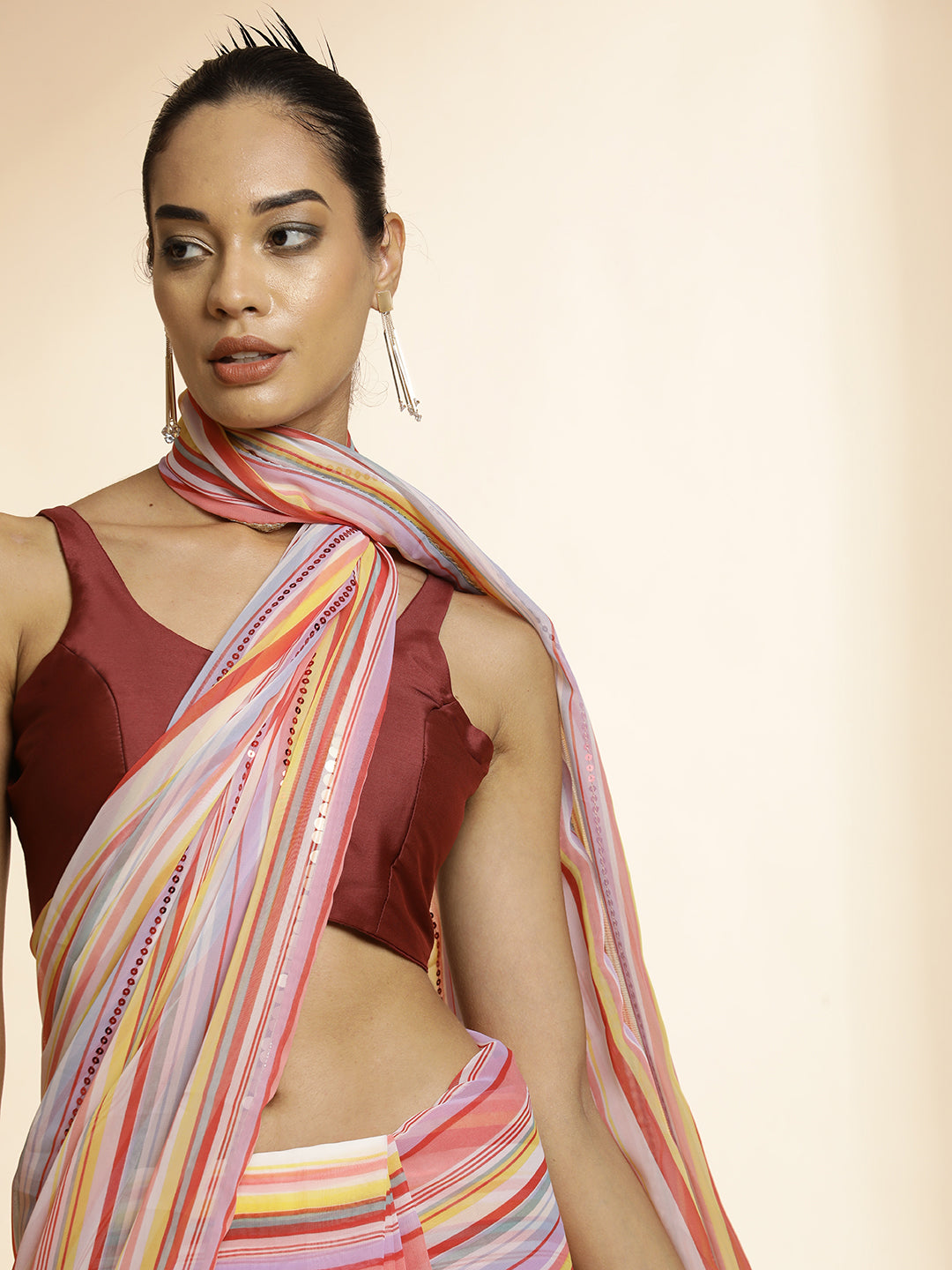 Red Striped Sequin Embellished Festive Multicolor Saree