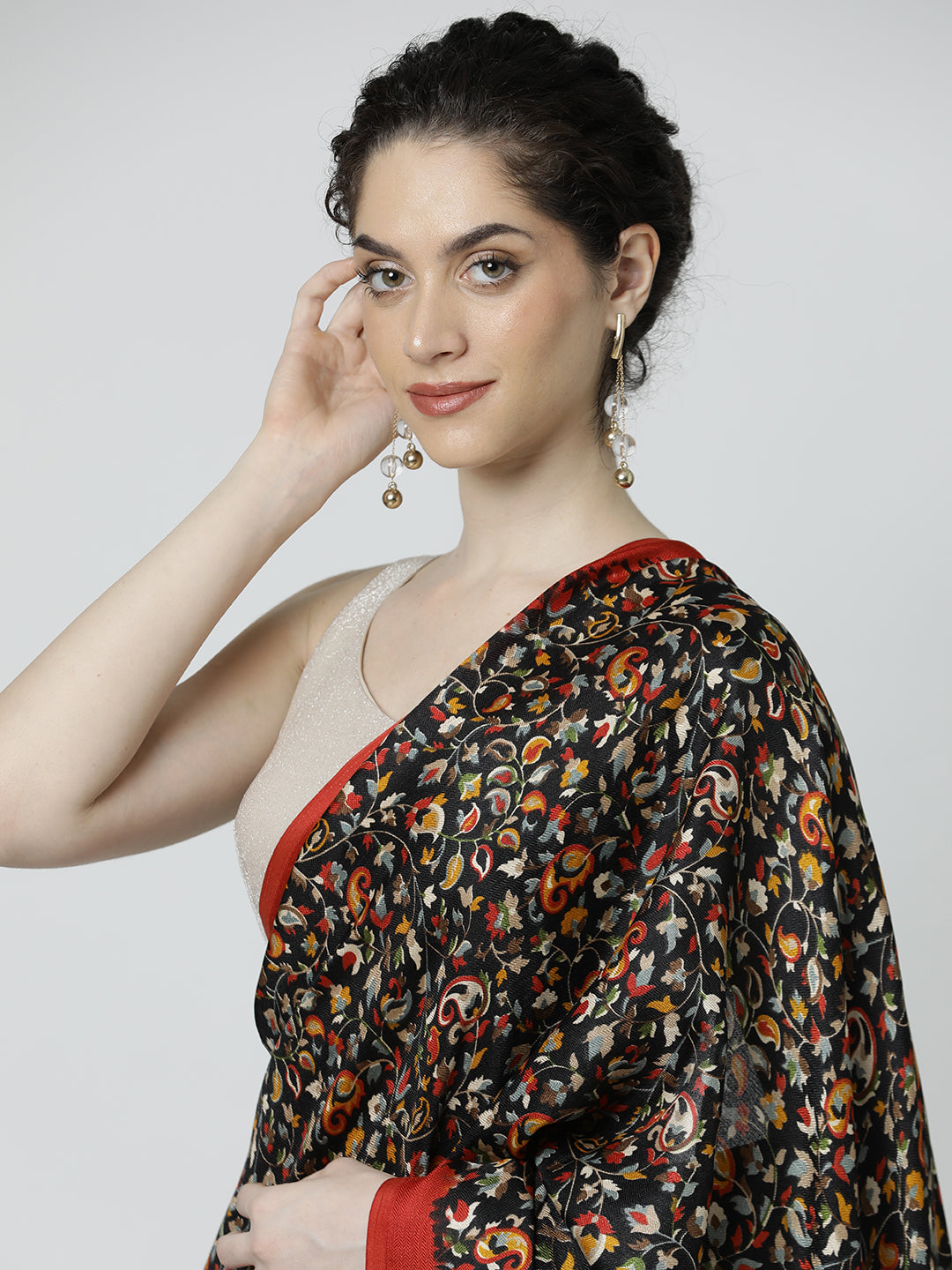 Black Floral Printed Poly Silk Saree