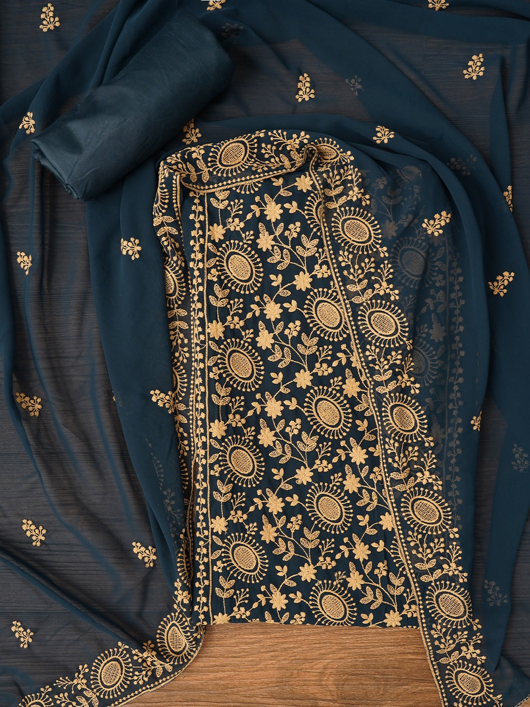 Teal Sequin Embroidered Silk Georgette Dress Material with Dupatta