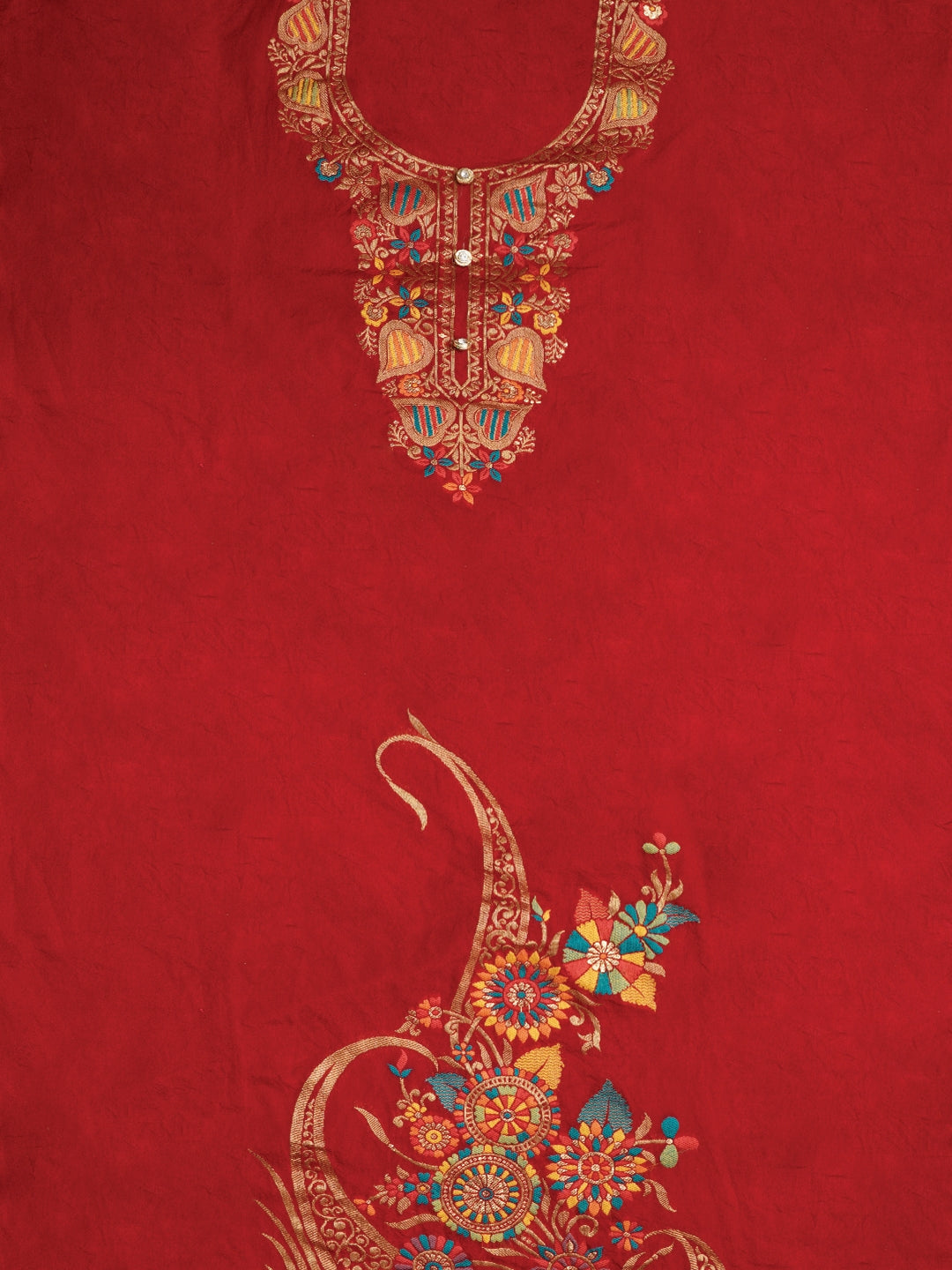 Red Unstitched Zari Silk Blend Dress Material With Dupatta