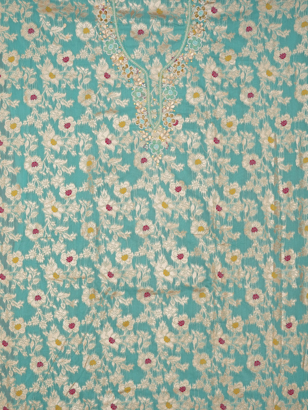 Sea Green Zari Brocade Cotton Dress Material with Dupatta