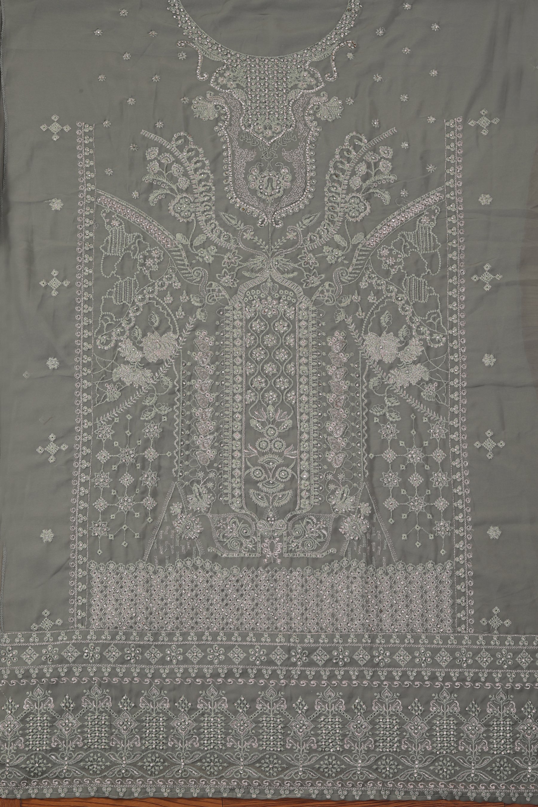 Olive Heavy Embroidered Poly Georgette Dress Material with Dupatta