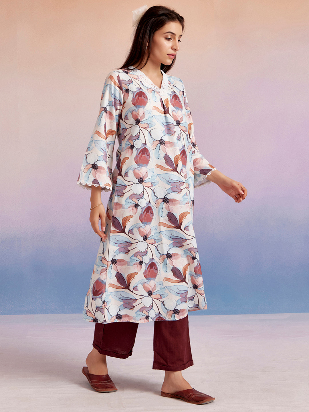 Off White & Brown Floral Printed A-Kurta