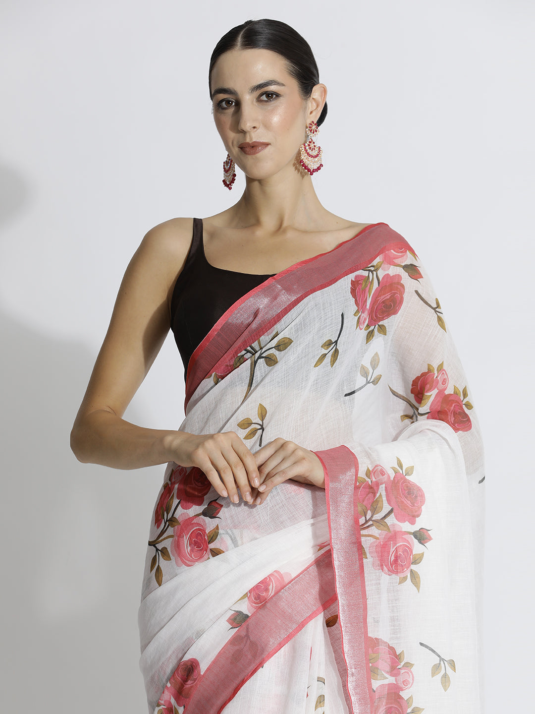 White Floral Printed Daily Wear Pure Linen Saree