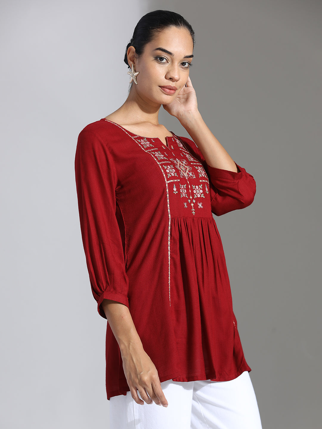 Maroon Embroidered Rayon Gathered Top