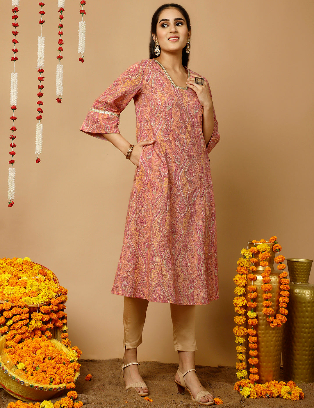 Peach Paisley Print Pakistani Kurta