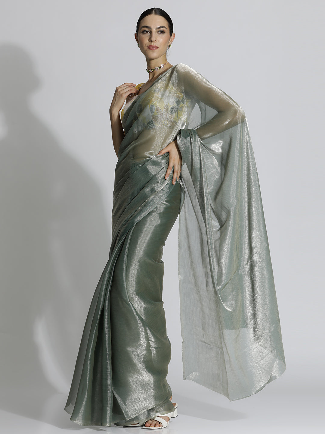 Olive Festive Tissue Solid Saree