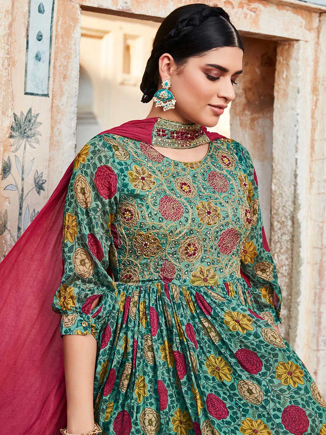 Blue Floral Printed Short Kurta With Sharara And Pleated Dupatta