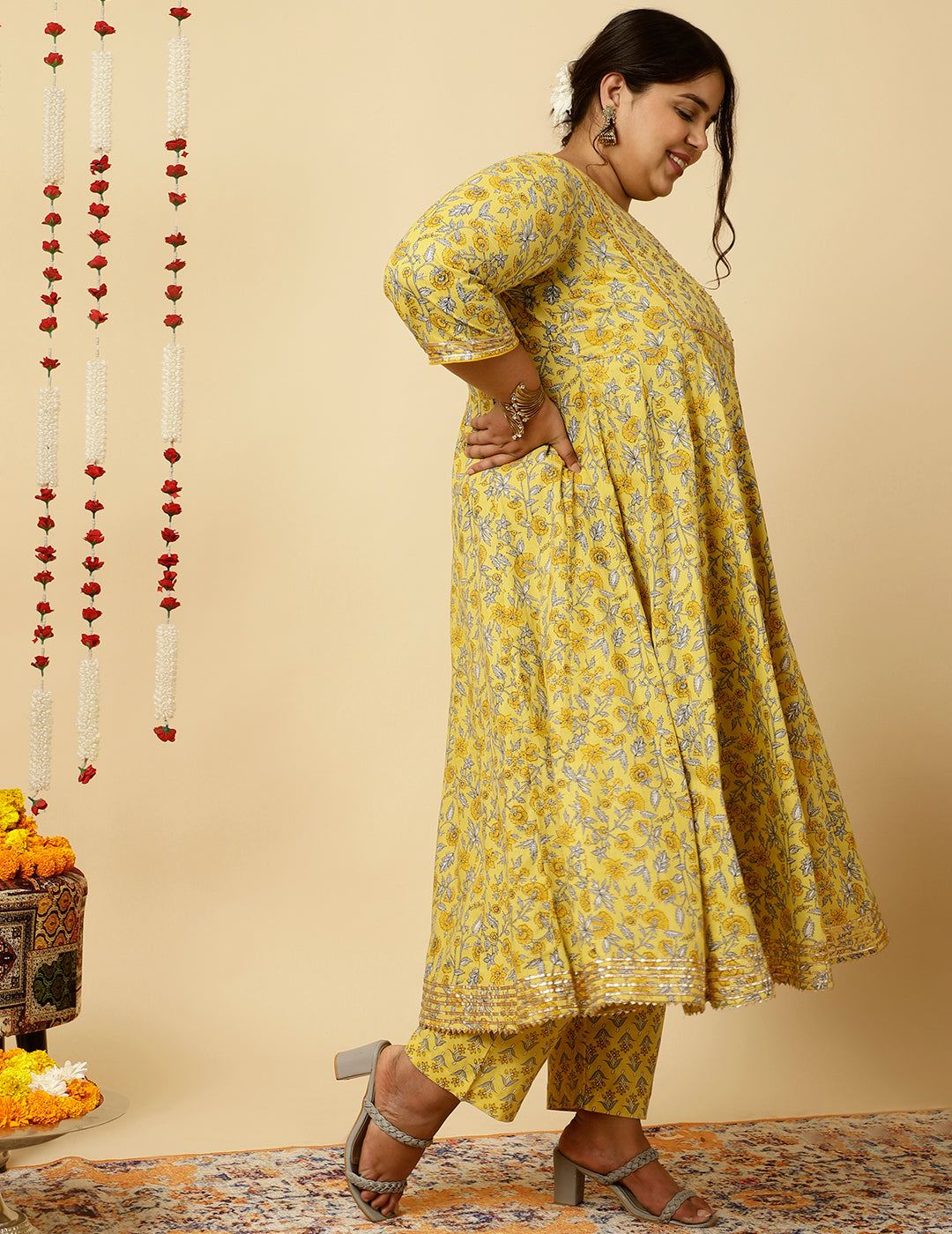 Plus Size Yellow Ethnic Print Anarkali Kurta With Pants And Dupatta