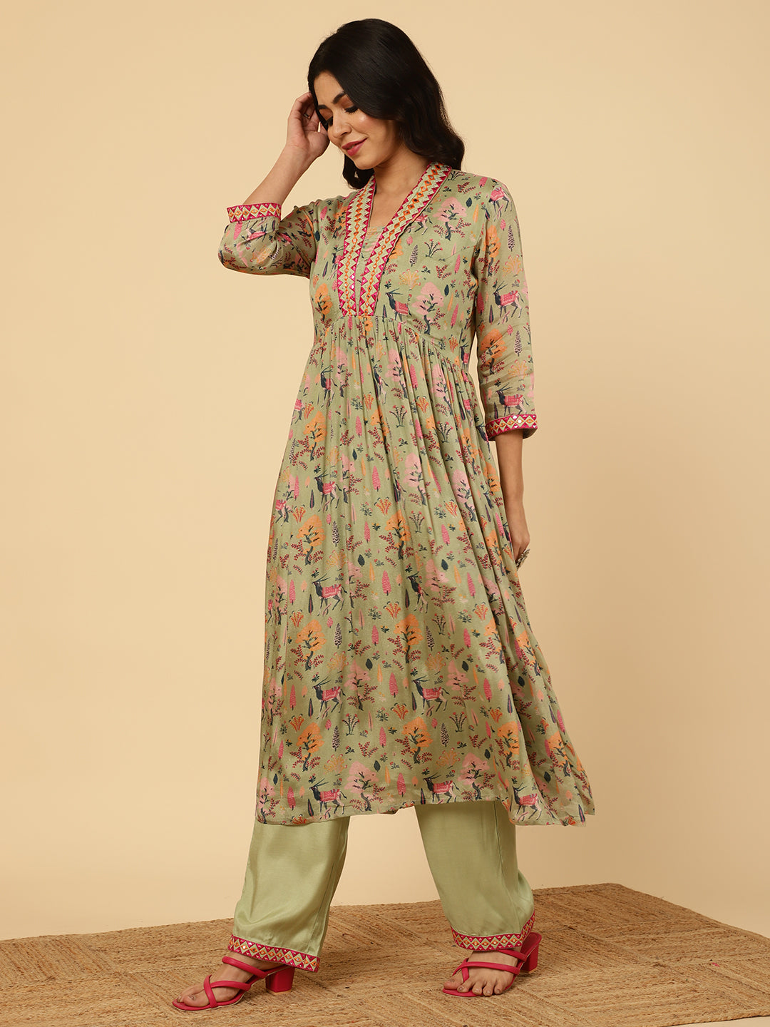 Green Mirror Embroidered Festive Kurta Set