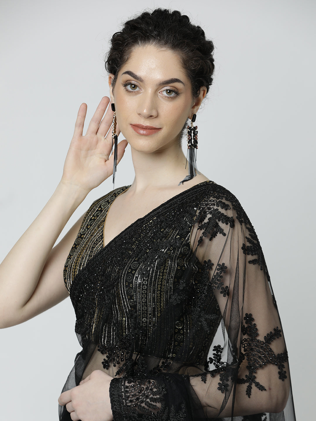 Black Embroidered Net Black Party Wear Saree