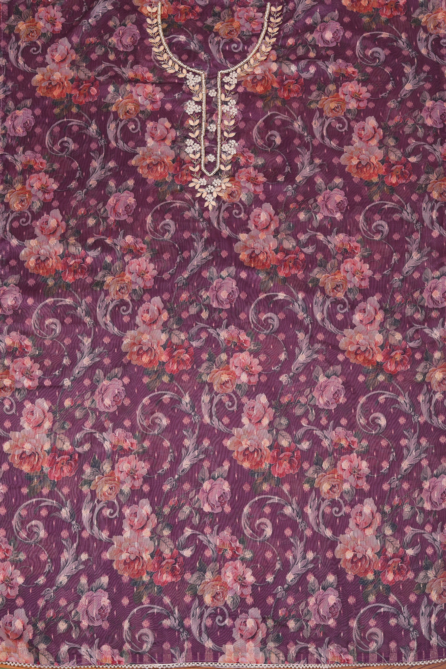 Wine Embellished Zari Woven Dress Material with Dupatta