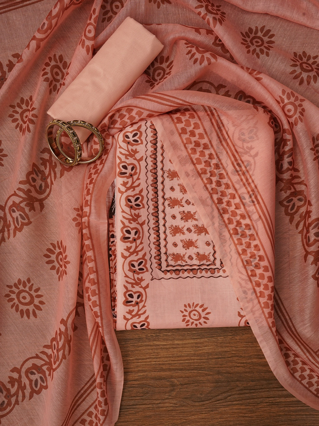 Peach Floral Printed Cotton Blend Dress Material with Dupatta