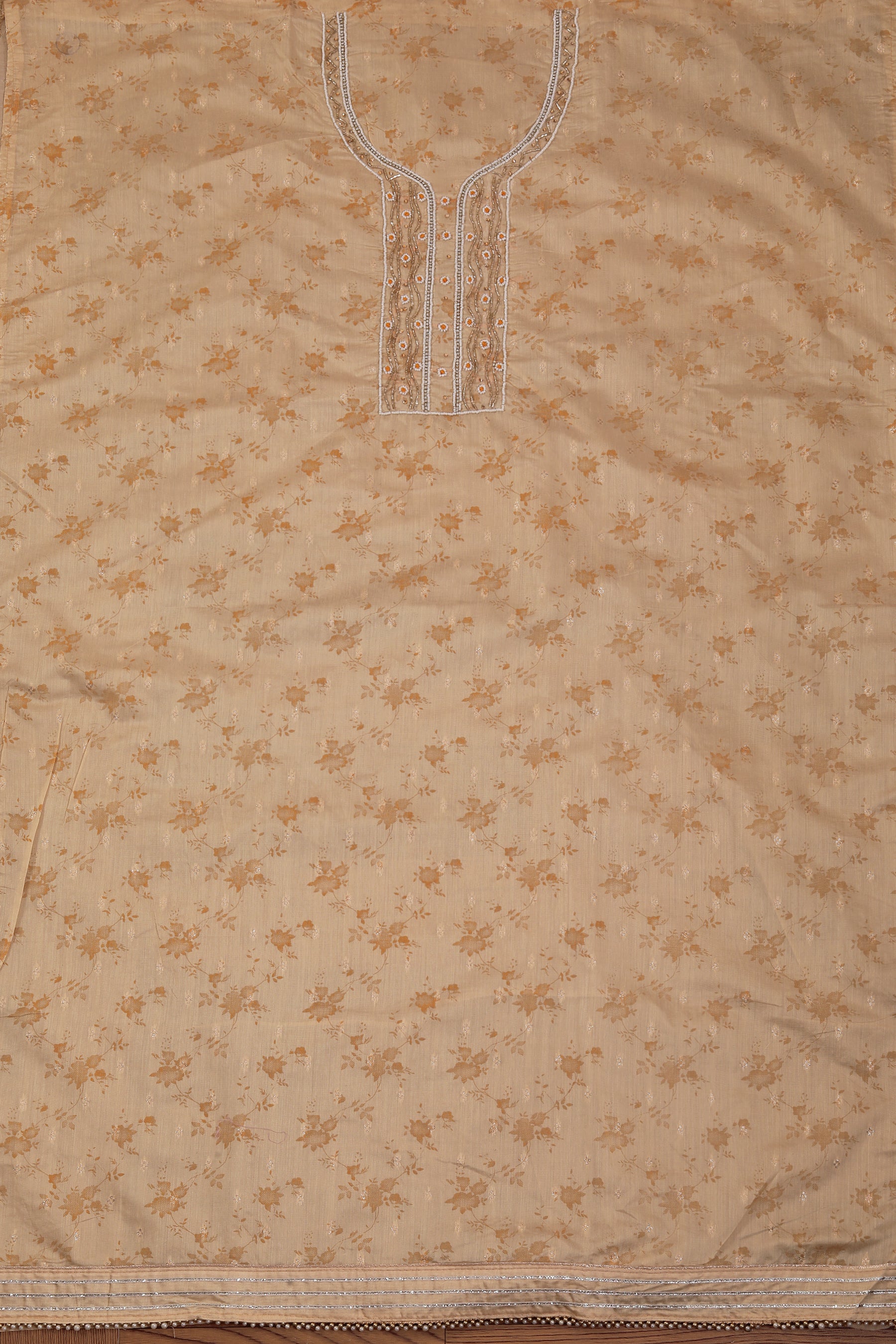 Yellow Printed Cotton Blend Embellished Dress Material with Dupatta