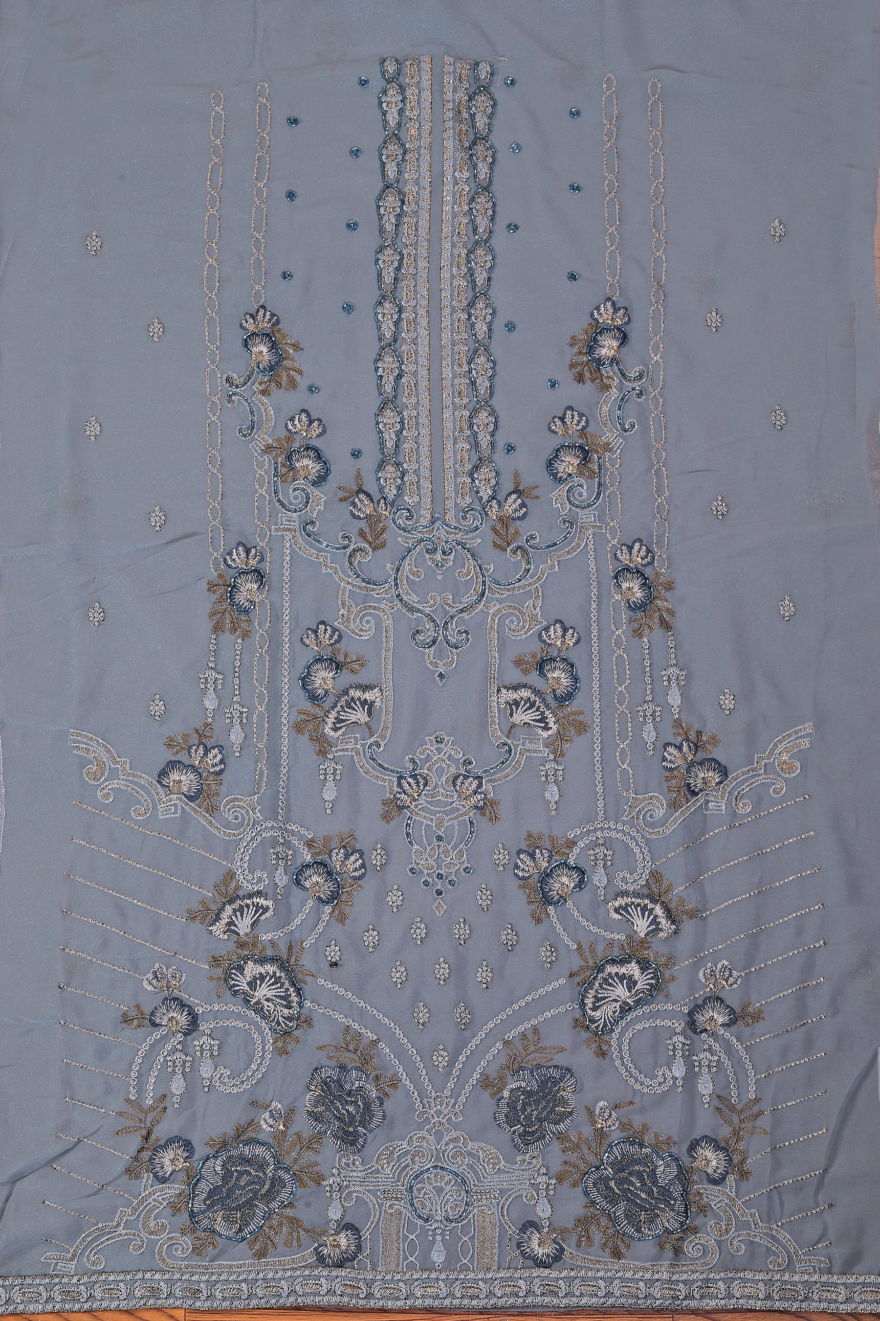 Light Blue Embroidered Poly Georgette Dress Material with Dupatta